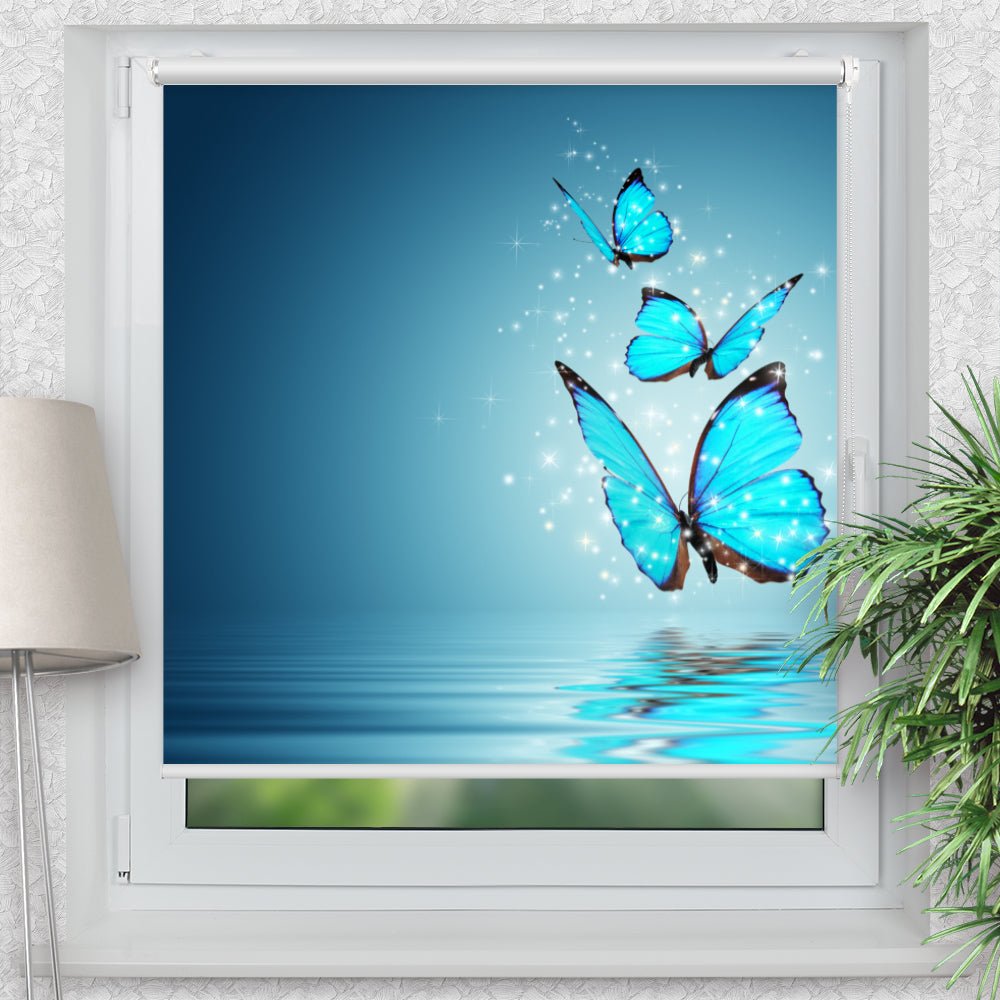 Rollo Motiv "Schmetterlinge blau" - ohne bohren - Klemmrollo bis 150 cm Breite - Klemmfix mit Fotodruck - blickdicht - La-Melle