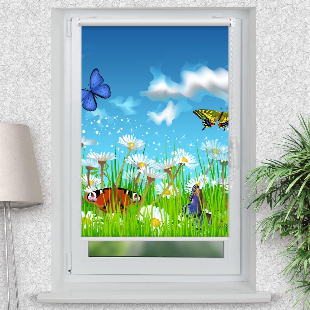 Rollo Motiv "Schmetterlinge Blumenwiese" - ohne bohren - Klemmrollo bis 150 cm Breite - Klemmfix mit Fotodruck - blickdicht - La-Melle