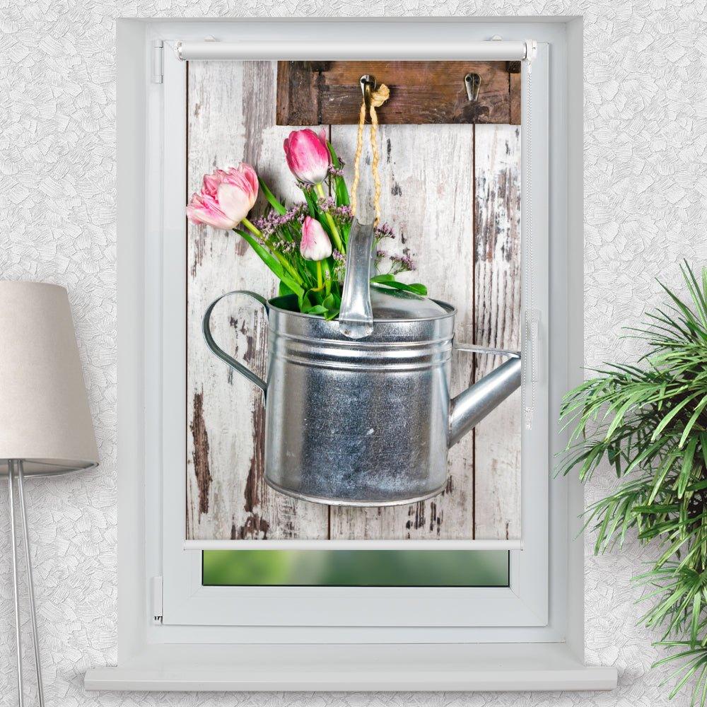 Rollo Motiv "Tulpen Gießkanne" - ohne bohren - Klemmrollo bis 150 cm Breite - Klemmfix mit Fotodruck - blickdicht - La-Melle