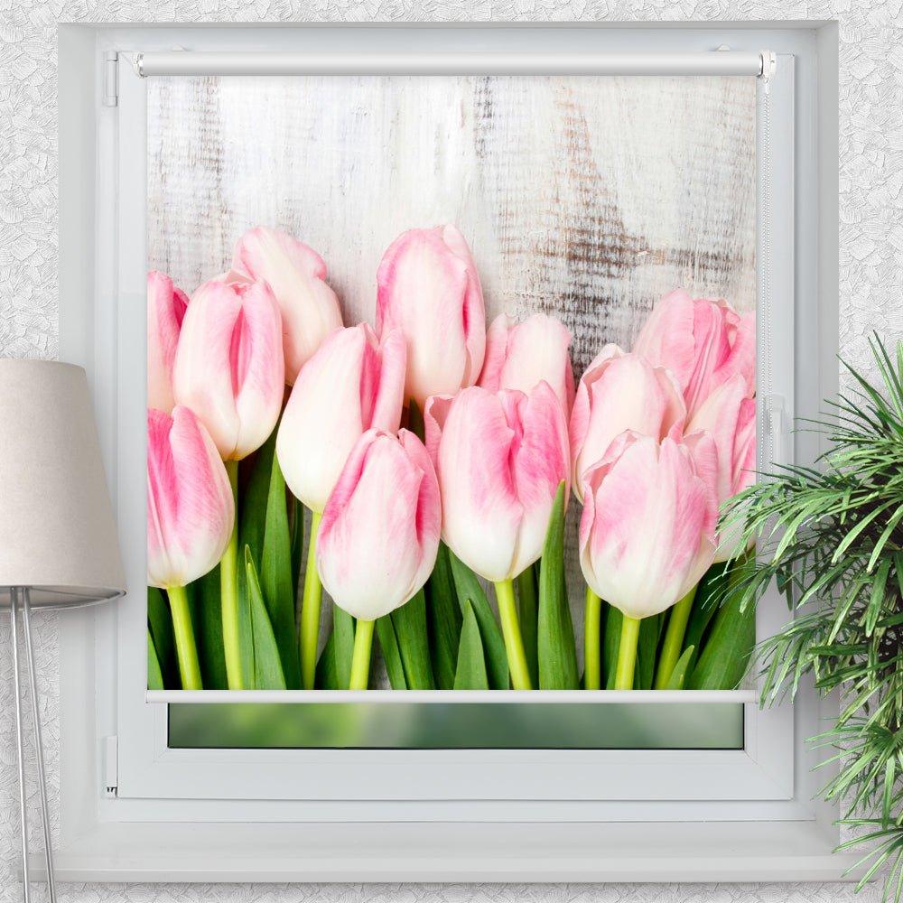Rollo Motiv "Holzwand Tulpen" - ohne bohren - Klemmrollo bis 150 cm Breite - Klemmfix mit Fotodruck - blickdicht - La-Melle