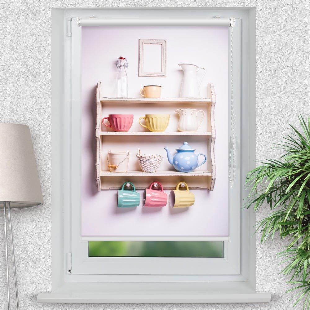 Rollo Motiv "Teekanne Regal" - ohne bohren - Klemmrollo bis 150 cm Breite - Klemmfix mit Fotodruck - blickdicht - La-Melle