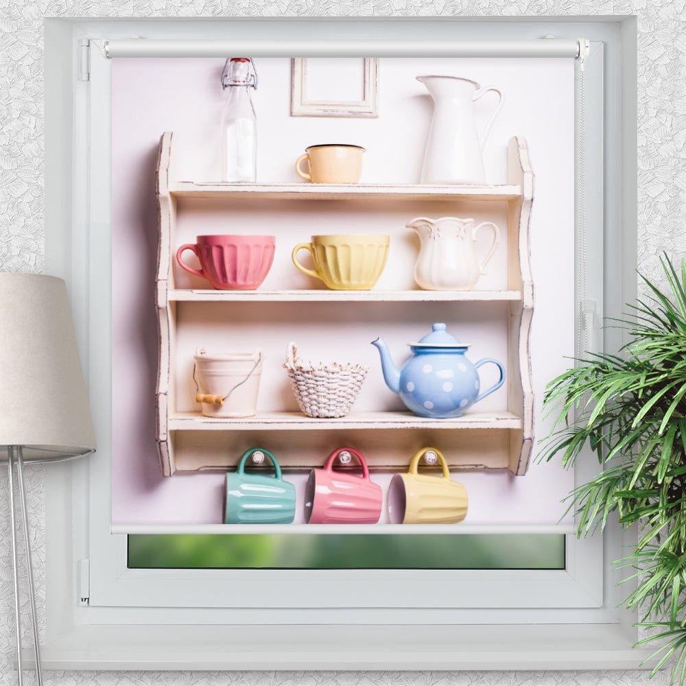 Rollo Motiv "Teekanne Regal" - ohne bohren - Klemmrollo bis 150 cm Breite - Klemmfix mit Fotodruck - blickdicht - La-Melle