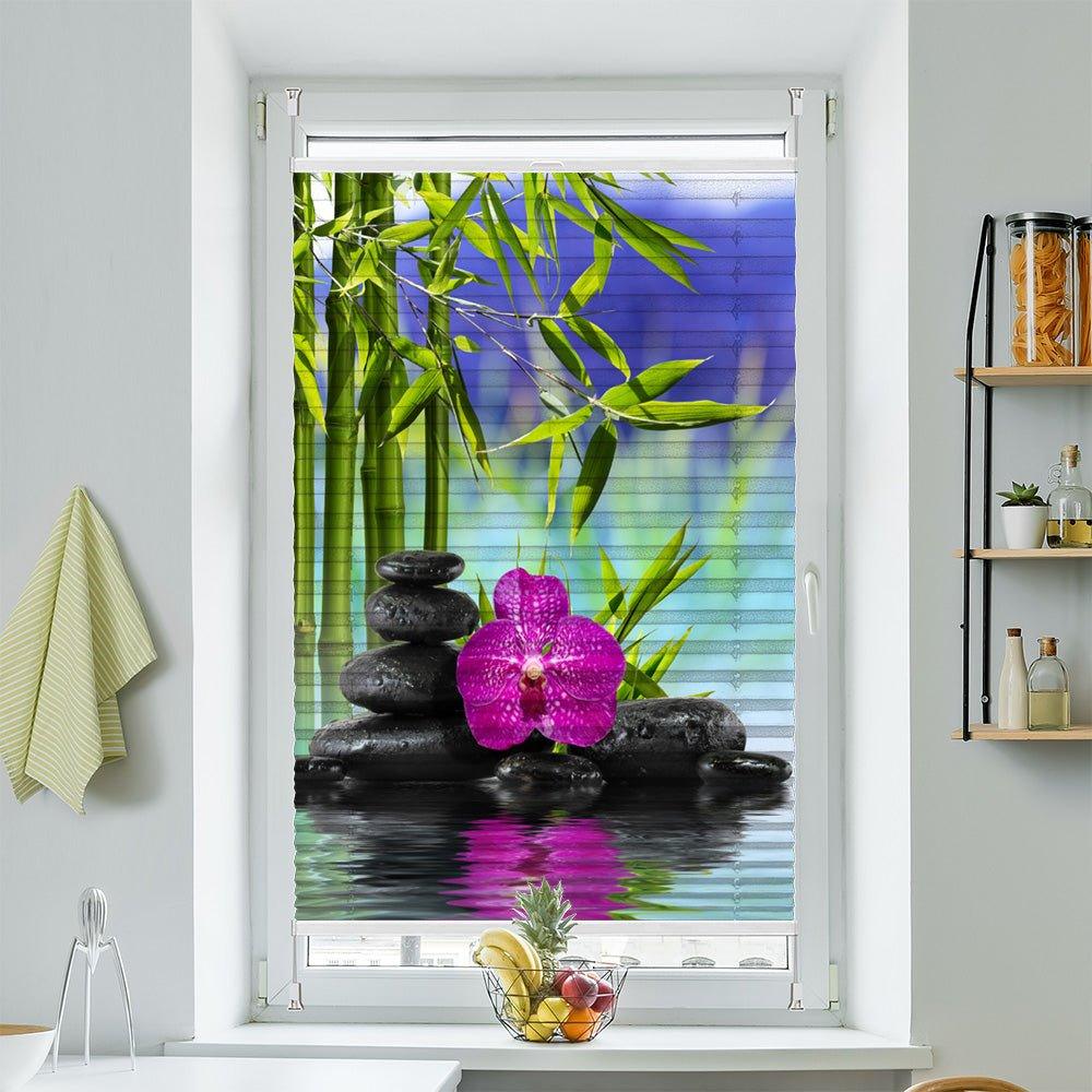 Plissee Motiv "Steinturm Wasser Orchidee Spiegelung" - La-Melle