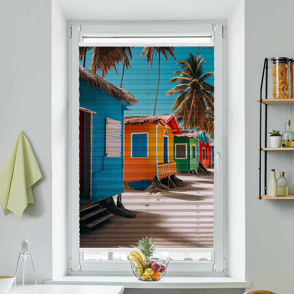 Wabenplissee Motiv "Strandhaus Meer Palmen" - La-Melle