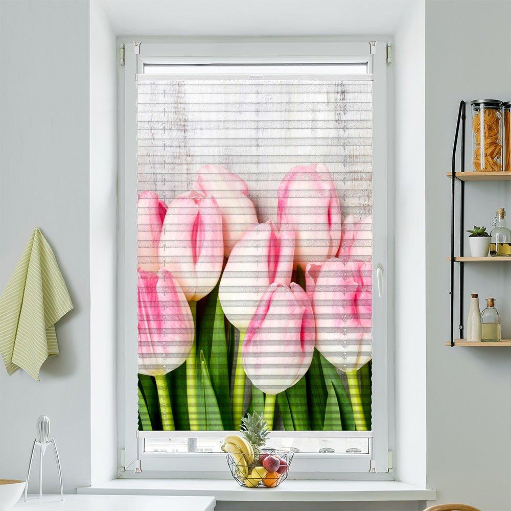 Plissee Motiv "Holzwand Tulpen"