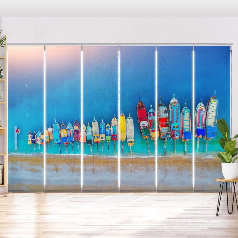 Schiebegardine Motiv "Boote Meer Küste" - La-Melle