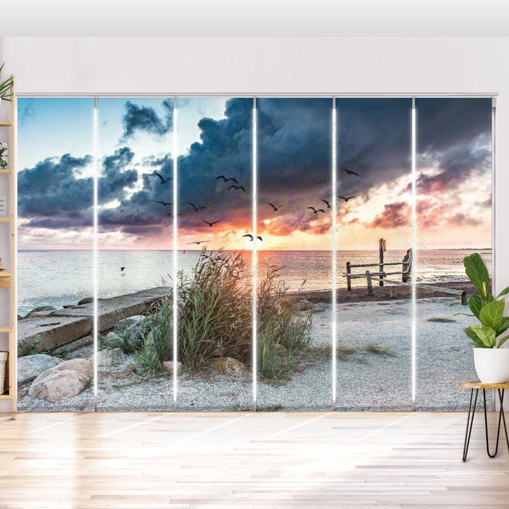 Schiebegardine Motiv "Sonnenuntergang Strand Meer Vögel" - La-Melle