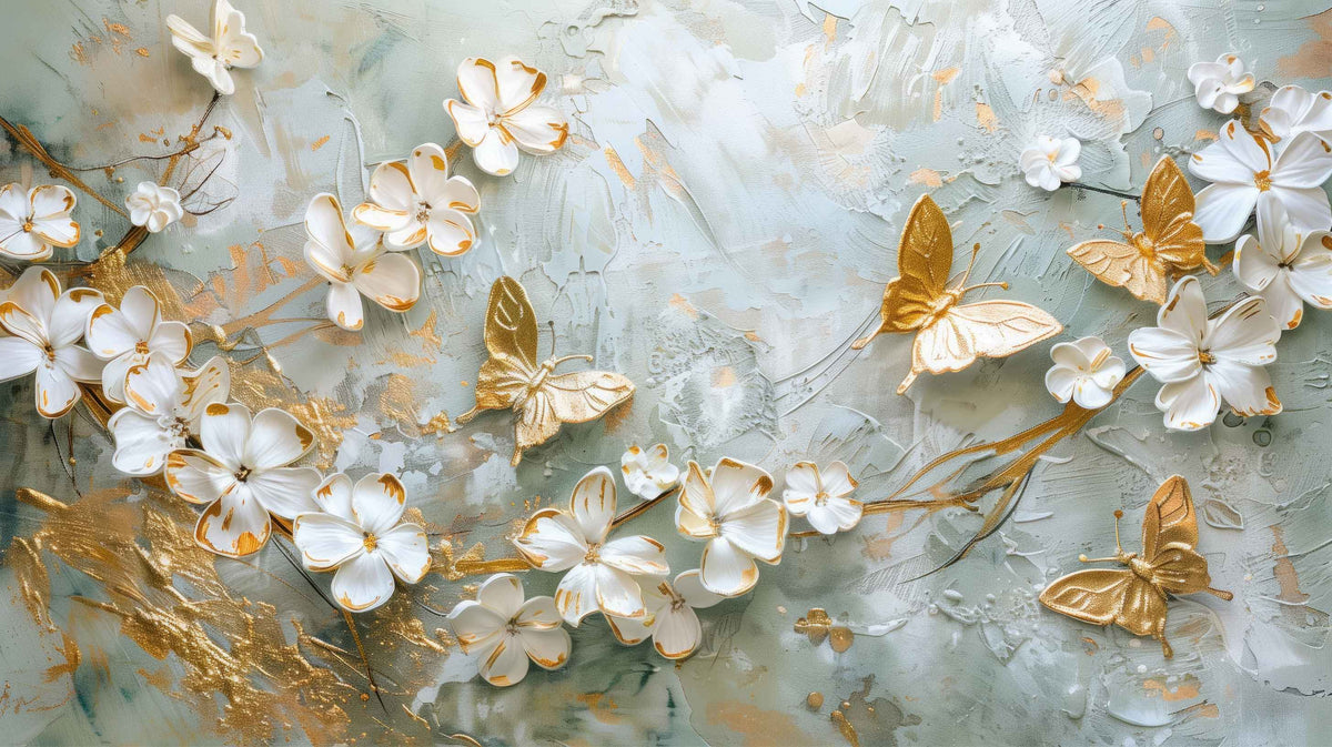 Motiv "Blumen mit Schmetterlingen Weiss Gold" – Vorlage für individuell bedruckte Fensterdekoration von La-Melle