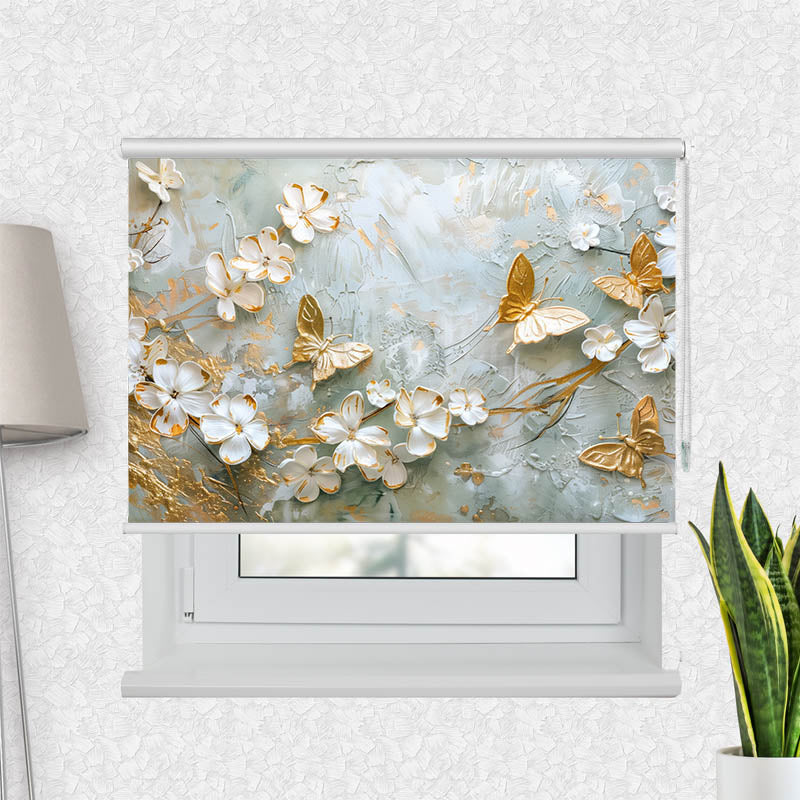 Fotorollo Blumen mit Schmetterlingen Weiss Gold