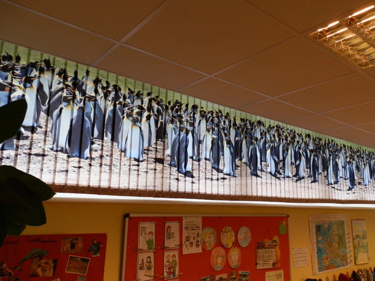 Oberlicht einer Schule wurde mit einem mit Foto bedruckten Lamellen-Vorhang ausgestattet. Das Motiv mit den Pinguinen haben sich die Kinder der Grundschulklasse ausgesucht