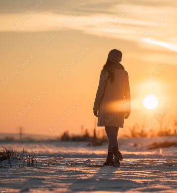 Frau bei Sonnenuntergang in winterlicher Natur