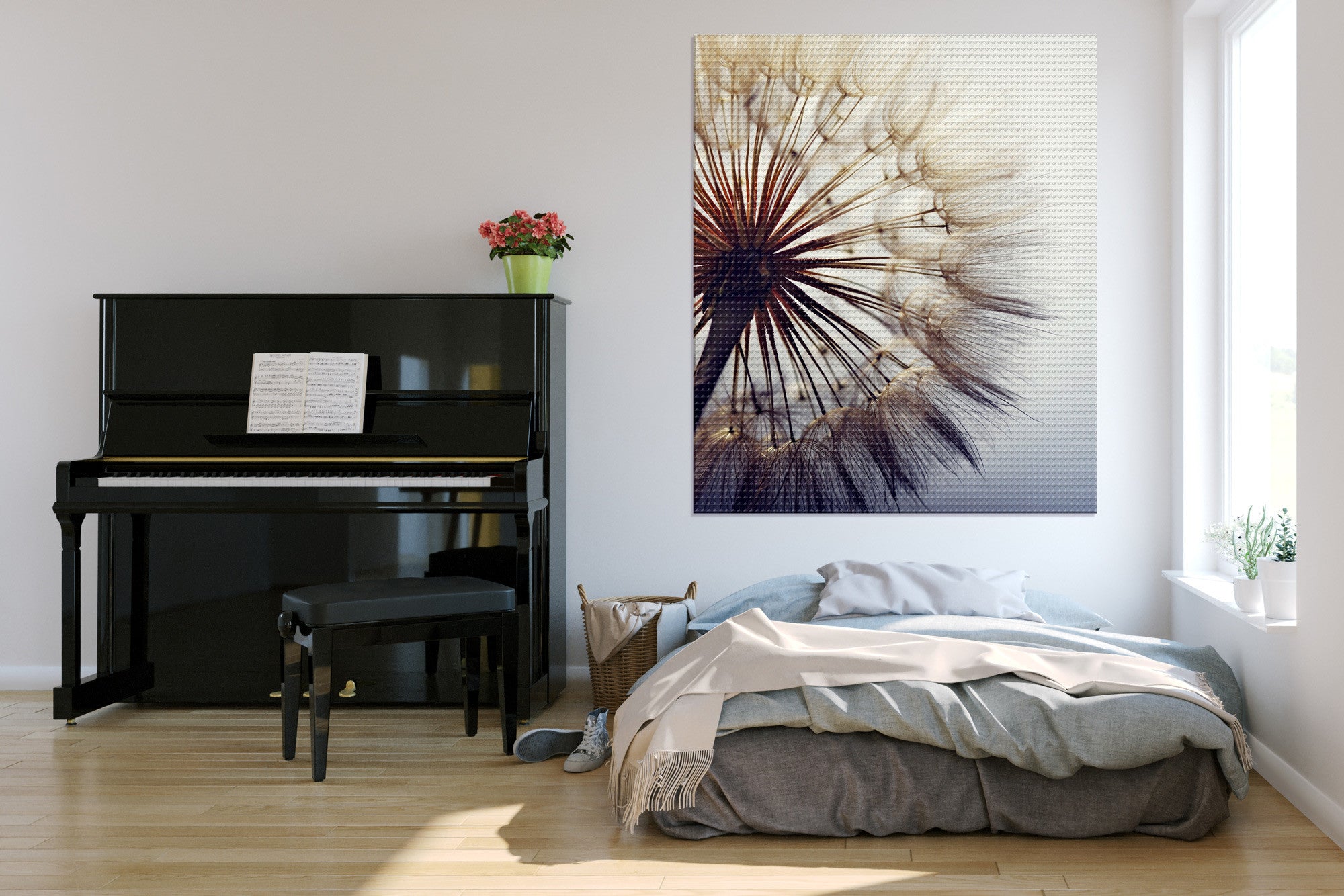 Schlafzimmer mit Klavier, über dem Bett ein Bild mit Pusteblume auf Akustikstoff in einem Spannrahmen