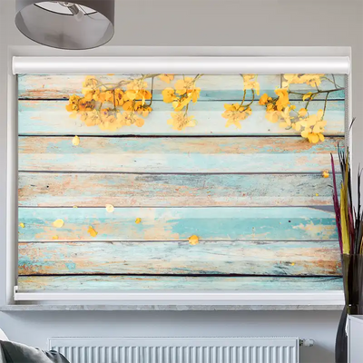 Doppelrollo Kassette Gelbe Blüten auf Vintage Holz