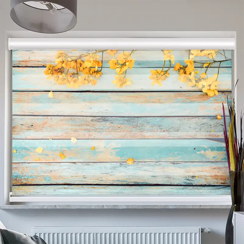 Doppelrollo Kassette Gelbe Blüten auf Vintage Holz