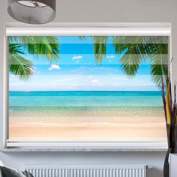 Doppelrollo mit Kassette  "Palmenblaetter Meer"