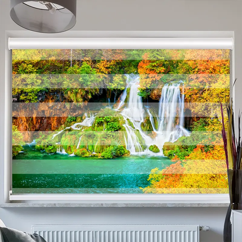 Doppelrollo mit Kassette  "Wasserfall Wald Im Herbst"