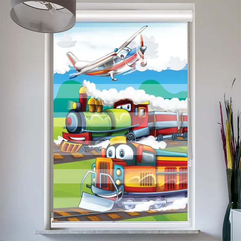 Doppelrollo mit Kassette  Eisenbahn und Flugzeug