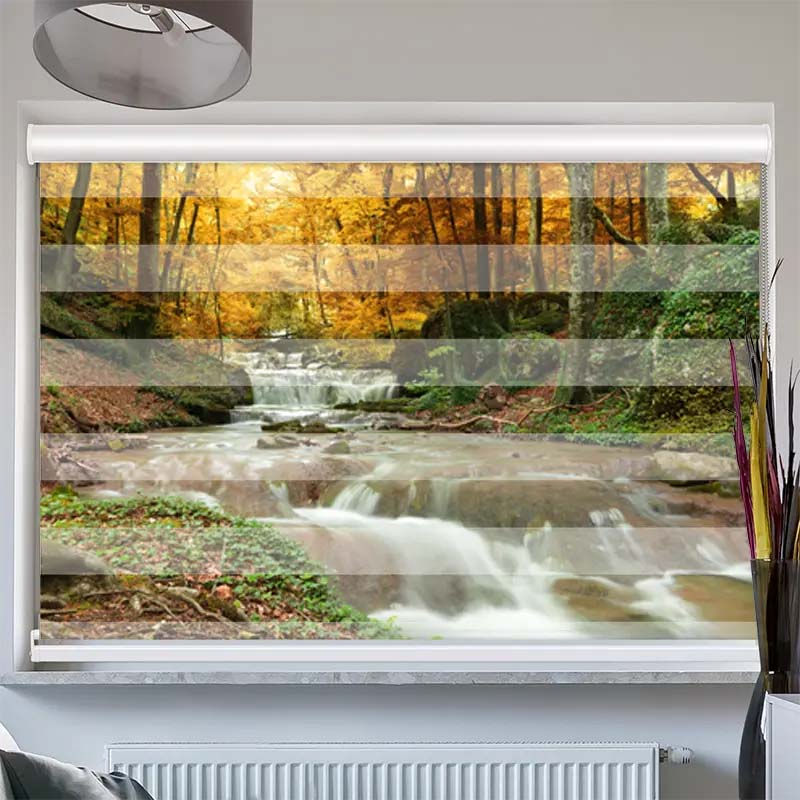 Doppelrollo mit Kassette  Herbstwald mit Fluss