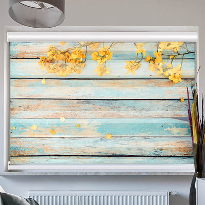 Doppelrollo mit Kassette Gelbe Blueten auf Vintage Holz