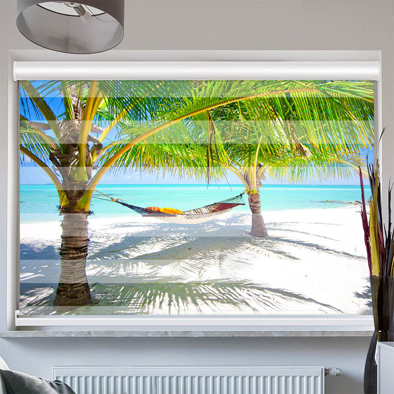 Doppelrollo mit Kassette Palmen mit Haengematte