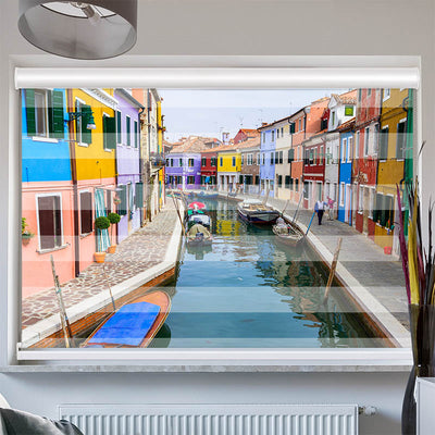 Doppelrollo mit Kassette Kanal Bunte Haeuser