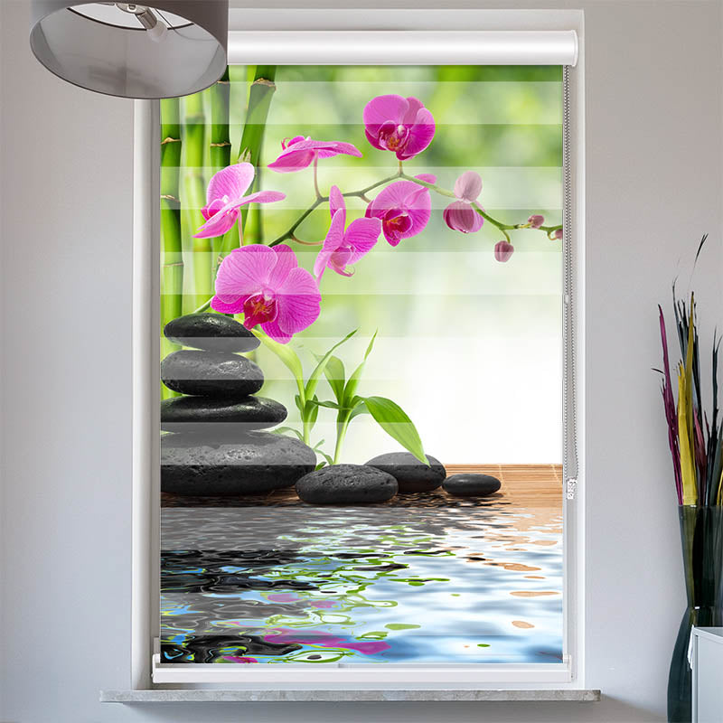 Doppelrollo mit Kassette Schwarze Steine Orchidee