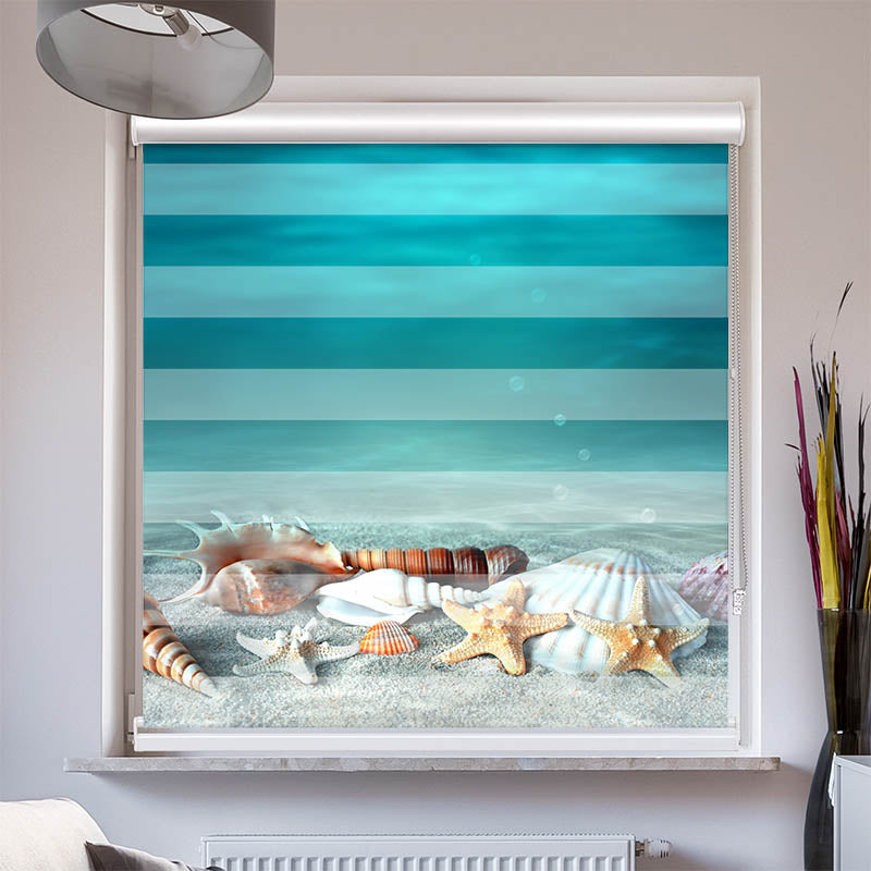 Doppelrollo mit Kassette Muschel und Seestern am Strand