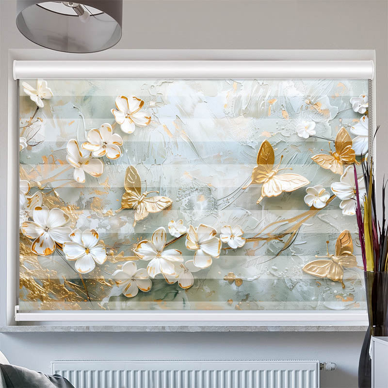 Doppelrollo mit Kassette Blumen mit Schmetterlingen Weiss Gold