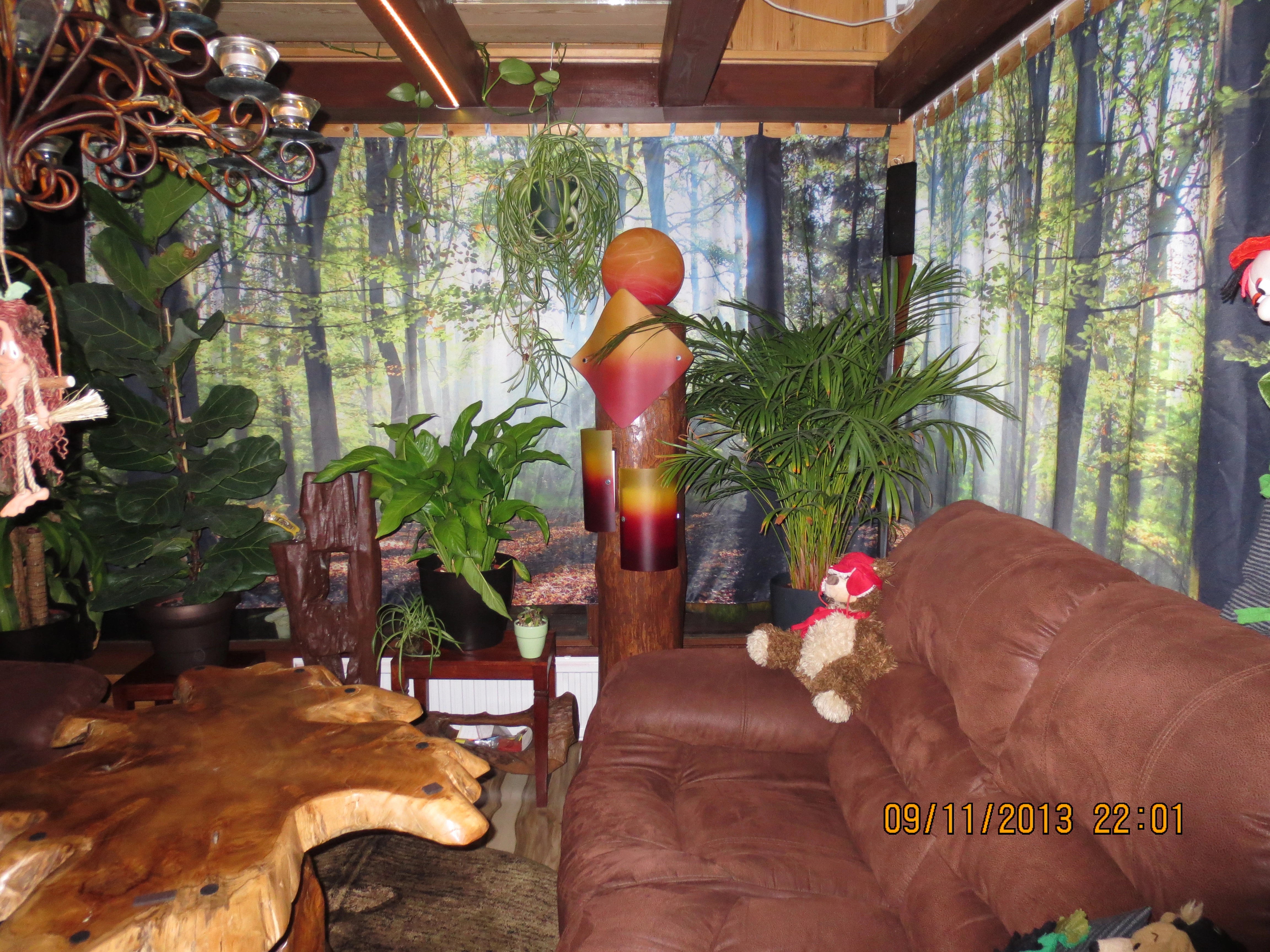 mit Waldmotiven bedruckte Gardinen im passend eingerichteten Wohnzimmer 
