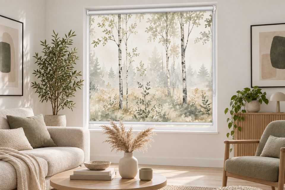 Fotorollo mit Birkenwald-Motiv im Wohnzimmer, gefertigt nach Maß von La-Melle