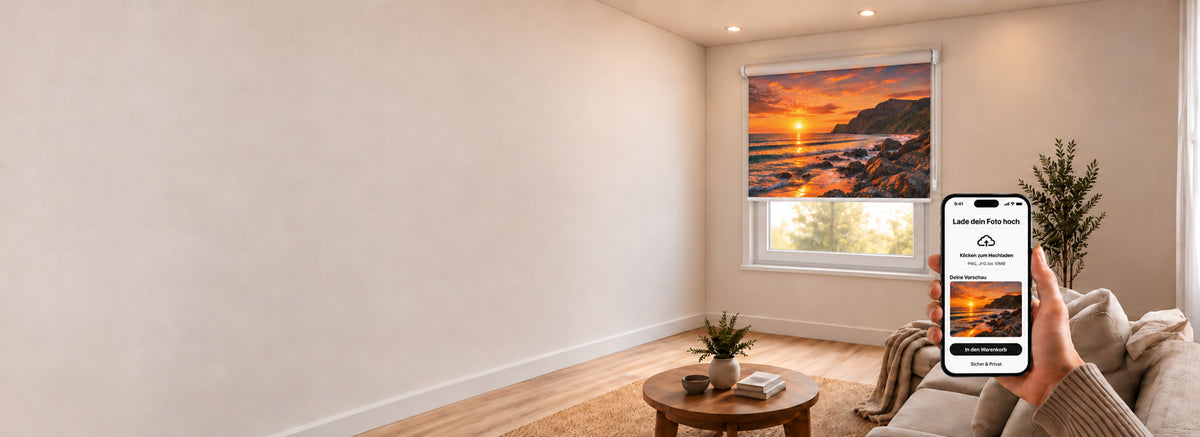 Fotorollo mit individuellem Sonnenuntergangs- und Küstenmotiv im Wohnzimmer – lade dein eigenes Foto hoch und gestalte dein Fotorollo nach Maß bei La-Melle