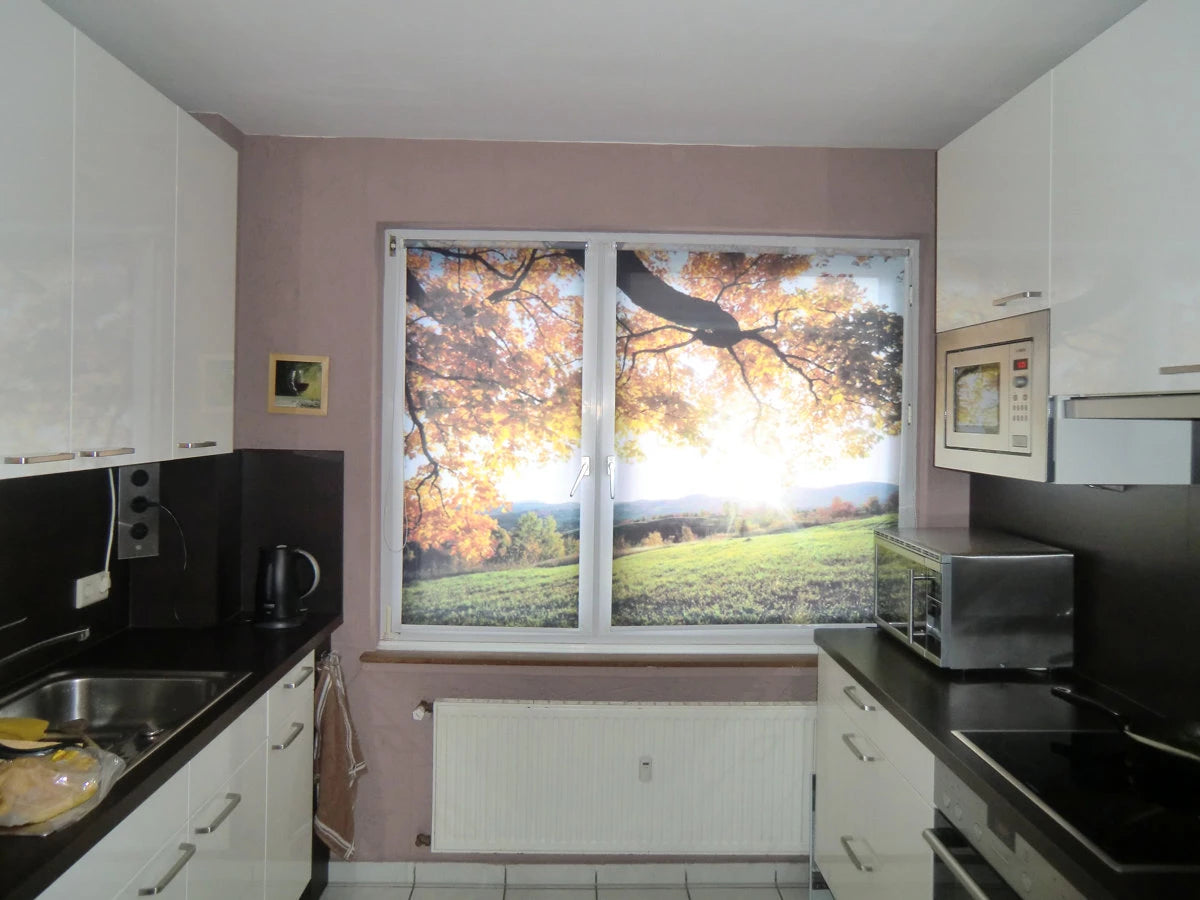 Herbstliches Motiv für zwei Foto-Rollos in der Küche, das ein gemeinsames Motiv ergibt