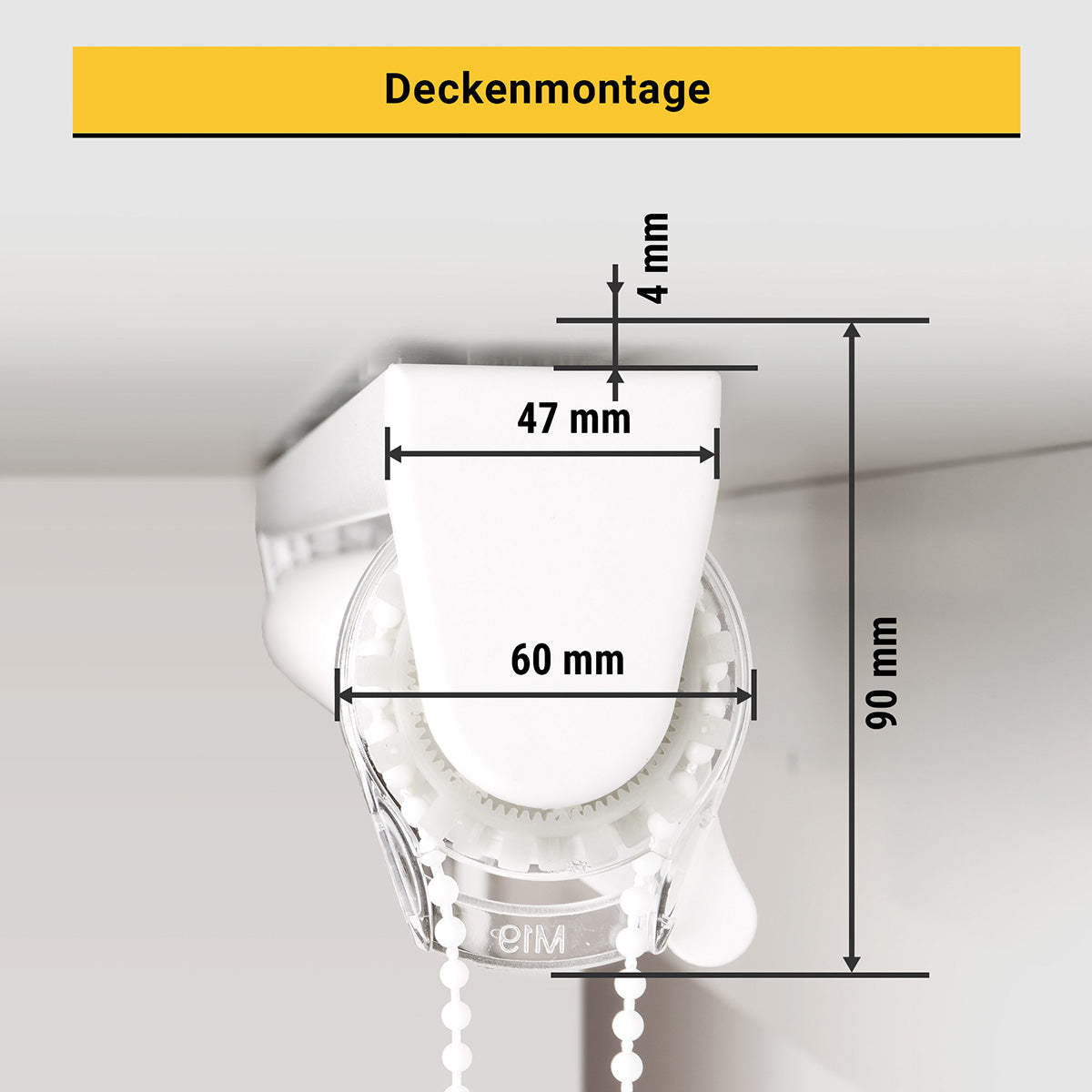 Abmessungen für Fotorollo mit Montageschiene an der Decke