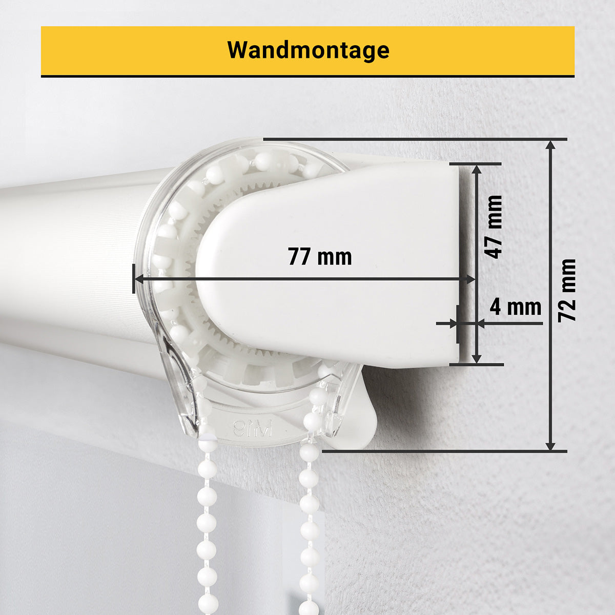 Abmessungen für Fotorollo mit Montageschiene an der Wand
