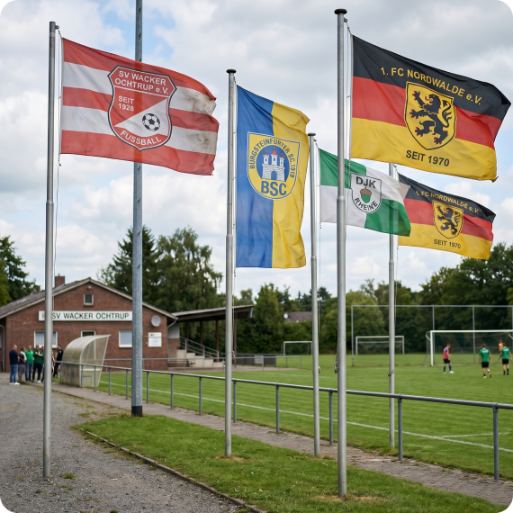 Vereinsflaggen am Sportplatz Fahnenmasten mit Fußballclub Logos und Farben in Deutschland
