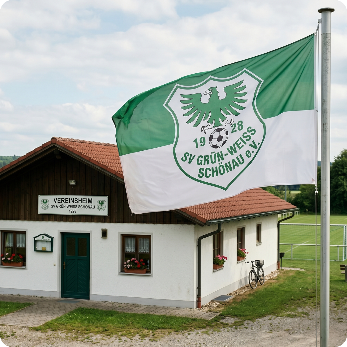 Vereinsflagge Fahnenmast außen vor Vereinsheim mit Vereinslogo wetterfest und sichtbar