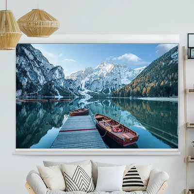 Kassettenrollo Motiv Steg mit Booten im Gebirgssee