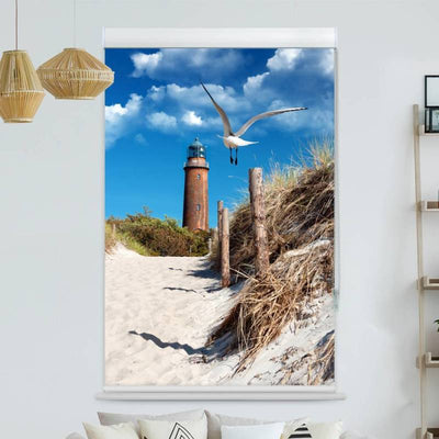 Kassettenrollo Motiv Duene Leuchtturm Moewe