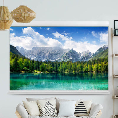 Kassettenrollo Motiv See mit Wald und Bergen