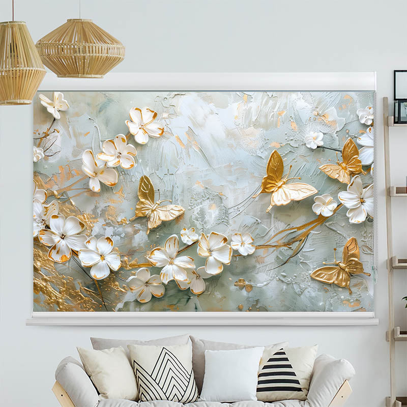 Kassettenrollo Motiv Blumen mit Schmetterlingen Weiss Gold