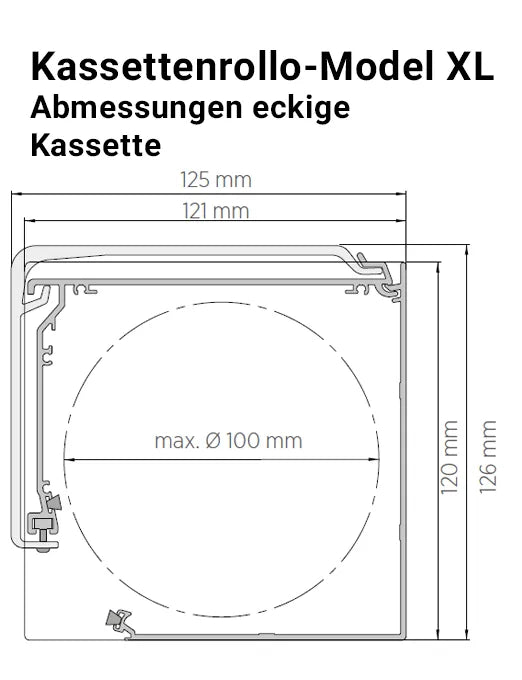 Kassettenrollo Modell XL eckig Abmessungen