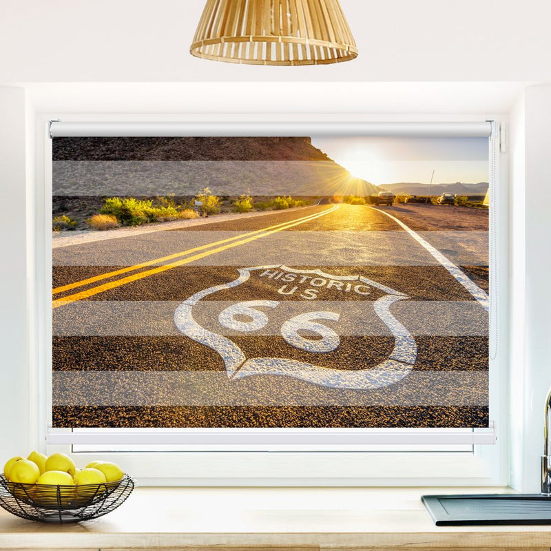 Klemm Doppelrollo "Route 66 Sonnenuntergang" - ohne Bohren - Klemmfix - bis 150 cm Breite - Duo Rollo Fotodruck - La-Melle