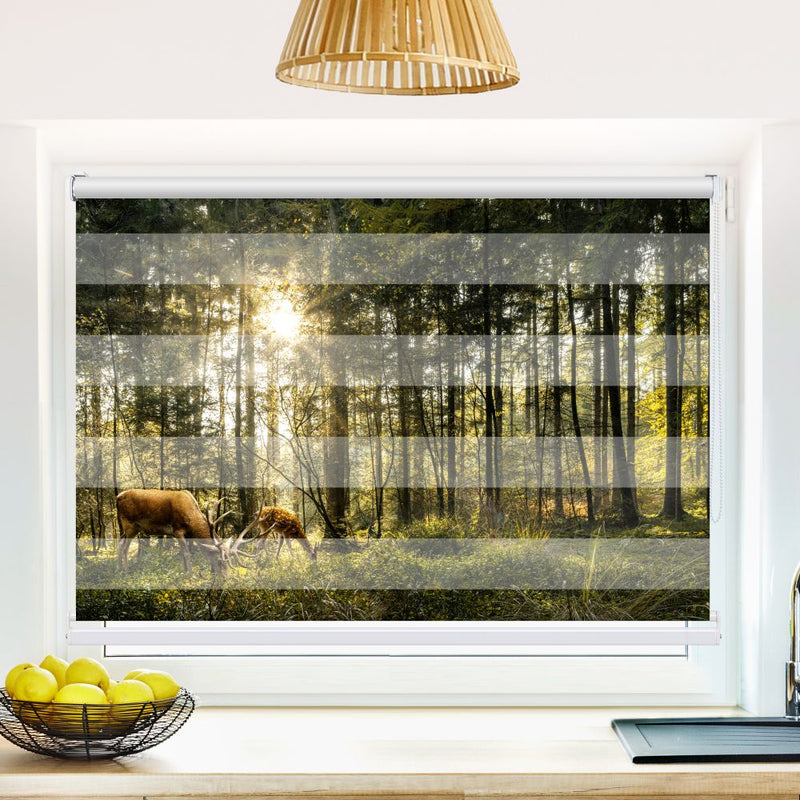 Klemm Doppelrollo "Hirsch Reh Wald" - ohne Bohren - Klemmfix - bis 150 cm Breite - Duo Rollo Fotodruck - La-Melle
