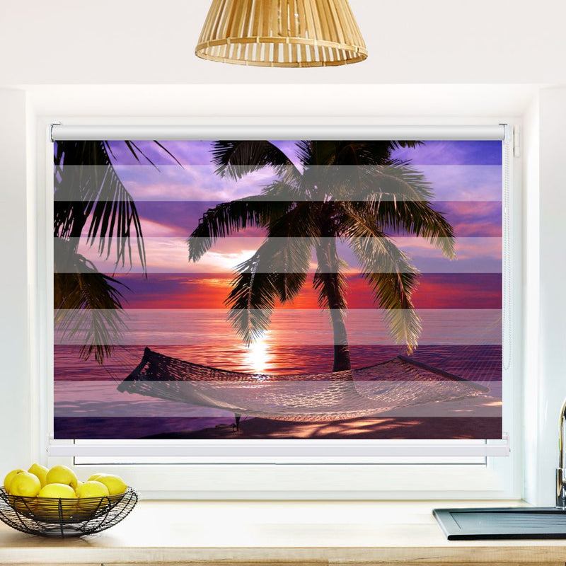 Klemm Doppelrollo "Haengematte Palmen Nacht" - ohne Bohren - Klemmfix - bis 150 cm Breite - Duo Rollo Fotodruck - La-Melle