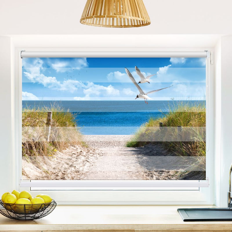 Klemm Doppelrollo "Duene Meer Moewen" - ohne Bohren - Klemmfix - bis 150 cm Breite - Duo Rollo Fotodruck - La-Melle