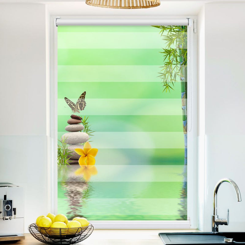 Klemm Doppelrollo "Schmetterling Zen Stones" - ohne Bohren - Klemmfix - bis 150 cm Breite - Duo Rollo Fotodruck - La-Melle