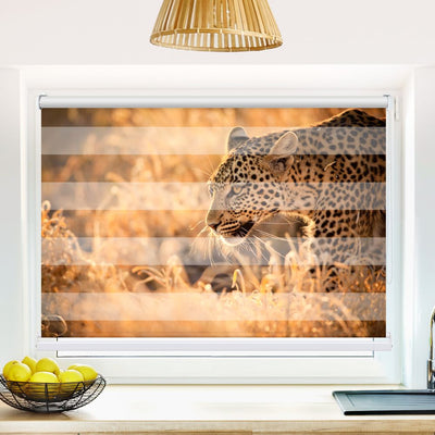 Klemm Doppelrollo Leopard Sonnenuntergang - ohne Bohren - Klemmfix - bis 150 cm Breite - Duo Rollo Fotodruck - La-Melle