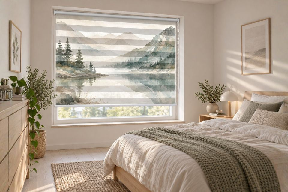 Klemm-Doppelrollo mit Berglandschafts-Motiv im Schlafzimmer, mit zweilagigem Tag-und-Nacht-Stoff am Fenster montiert, gefertigt nach Maß von La-Melle