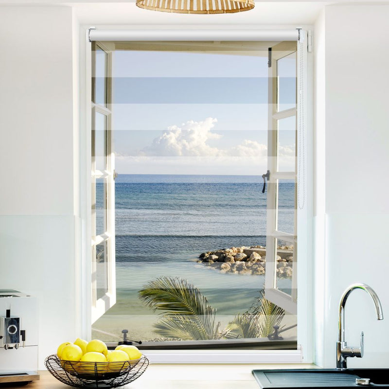 Klemm Doppelrollo "Fenster Meerblick" - ohne Bohren - Klemmfix - bis 150 cm Breite - Duo Rollo Fotodruck - La-Melle