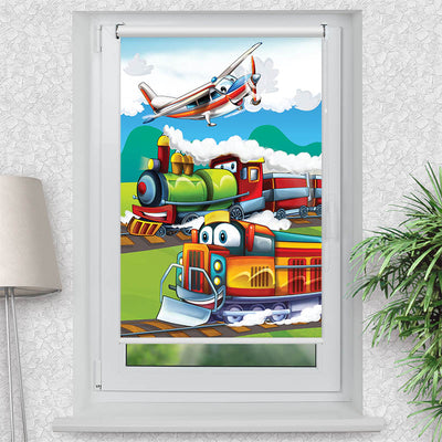 Rollo Motiv Eisenbahn und Flugzeug - ohne bohren - Klemmrollo bis 150 cm Breite - Klemmfix mit Fotodruck - blickdicht - La-Melle